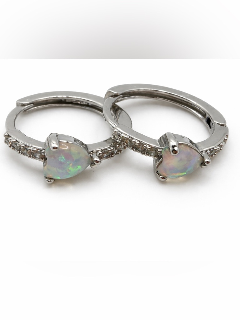 Heart Opal Sterling-Color Ring with Pavé Accents - Iridescent White Opal